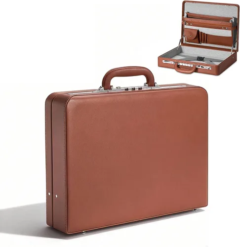 Miniatura 10 de LOCKCURX Maletines para hombres, maletín antirrobo de doble bloqueo con compartimento para laptop de 16 pulgadas, piel sintética impermeable, Marrón