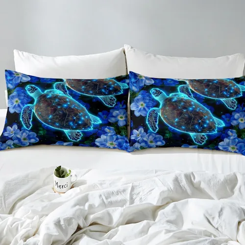 Miniatura 5 de Juego de funda de edredón de tortuga marina verde azulado brillante, flores azules, océano, juego de ropa de cama Queen para niños y niños, funda