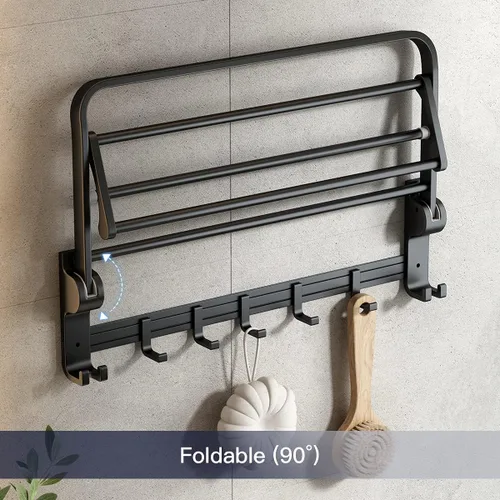 Miniatura 3 de VOLPONE Toallero de 24 Pulgadas con Soporte de Barra de Toalla Estante de Toalla Plegable con Ganchos Móviles Almacenamiento de Toallas Resistente a