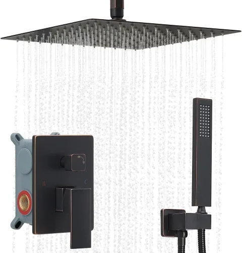 Miniatura 14 de Sistema de ducha de níquel cepillado para baño de 12 pulgadas, cabezal de ducha de lluvia, montaje en techo con juego combinado de ducha de mano