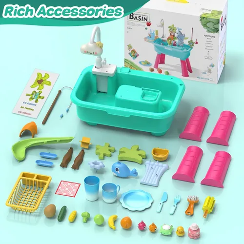 Miniatura 6 de 4-en-1 Juguetes de fregadero de cocina con agua corriente para niños, juguete de mesa eléctrica que cambia de color con animales, alimentos, Azul