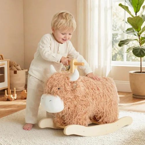 Miniatura 2 de Caballo mecedora bebé para 1 año de edad, caballo de madera de vaca/yak con balanceo con caña y peluche de madera, juguete de montar para niñas