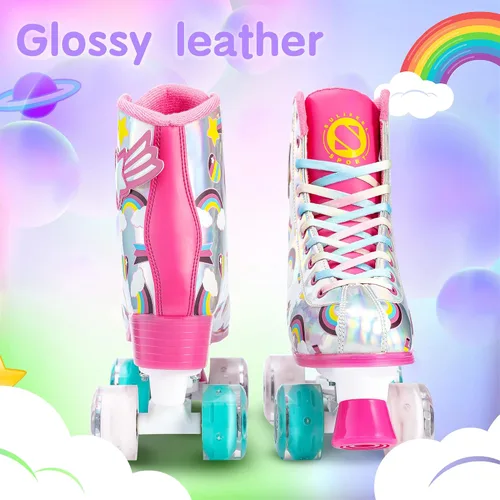 Miniatura 2 de SULIFEEL Patines de unicornio arcoíris para niñas, ruedas iluminadas, patines cuádruples con parte superior reflectante de piel de poliuretano