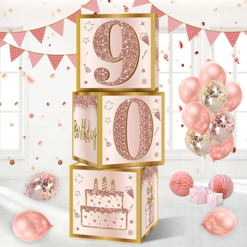 Guiruiy 3 cajas de decoración de cumpleaños de 90 años para mujeres, cajas de globos de cumpleaños de 90 años de color rosa dorado rosa para