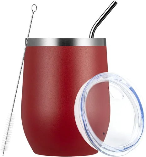 Miniatura 19 de MEWAY Vaso de vino sin tallo de 12 onzas con tapa, vaso de viaje de acero inoxidable con aislamiento de doble pared al vacío con popote, para Negro