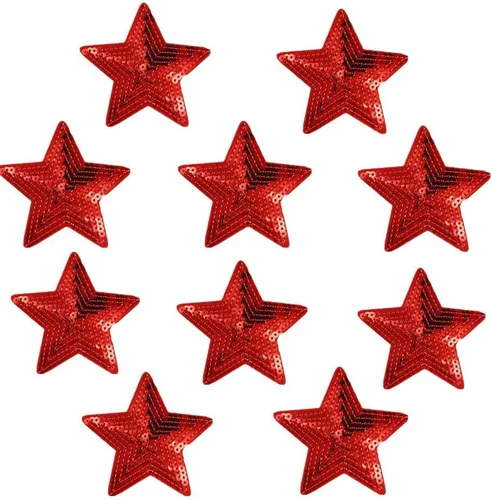 Paquete de 10 parches bordados con lentejuelas brillantes de 5 estrellas para coser con apliques, color rojo