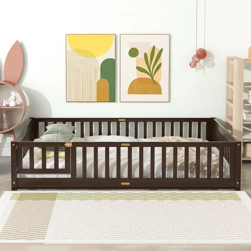Miniatura 16 de Marco de cama Montessori de madera de tamaño individual con listones de madera, valla y puerta para niños, niñas y niños, espresso