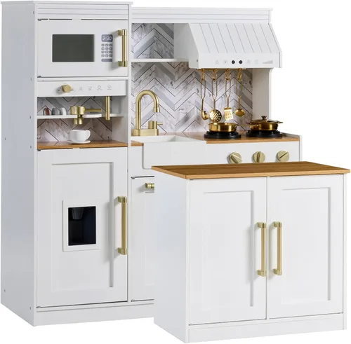 Best Choice Products - Juego de cocina de simulación para niños, juego interactivo de madera para niños pequeños con isla, máquina de espresso, 17