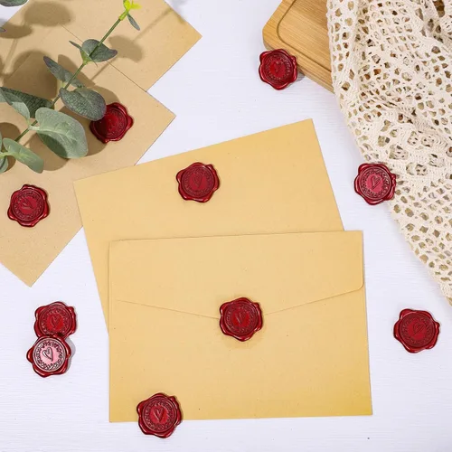 Miniatura 4 de Whaline 50 calcomanías de sello de cera en relieve para el día de San Valentín, diseño de corazón rojo vino, calcomanías para sello de sobre