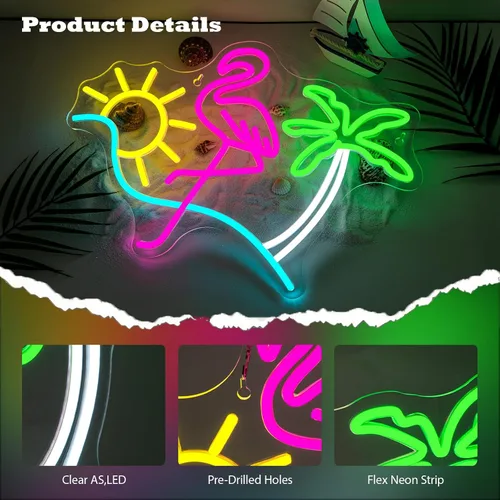 Miniatura 3 de Letreros de neón de flamenco, sol y palmera para decoración de pared, divertido letrero de luz de neón LED regulable, alimentado por USB, para bar