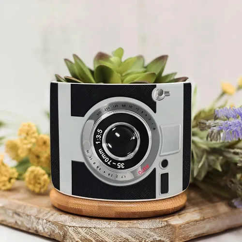 Miniatura 7 de Juego de mini macetas con estampado de lente de cámara, decoración del hogar, macetas de cerámica para suculentas con bandeja de bambú, regalos