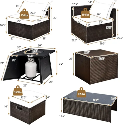 Miniatura 4 de Tangkula Juego de muebles de patio de 9 piezas con mesa para fogata de propano de 30 pulgadas, juego de sofá modular de mimbre de polietileno