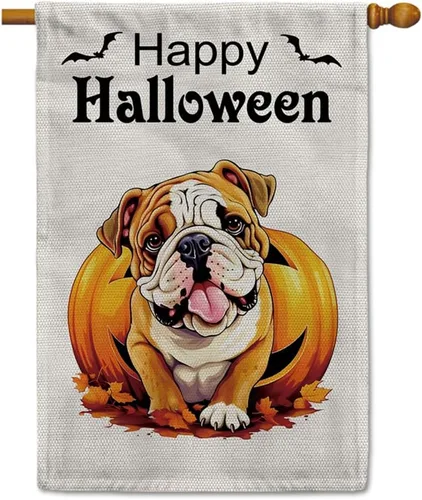 Miniatura 15 de Bandera de jardín de bulldog de Halloween de 12.5 x 18 pulgadas, vertical, doble cara, calabaza de Feliz Halloween, linda cachorro, decoración