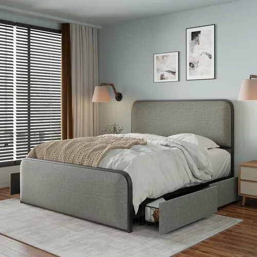 Miniatura 14 de SOFTSEA Cama de plataforma de tamaño matrimonial con nido, cama matrimonial tapizada con cabecero curvado para niños, adolescentes, invitados, tela