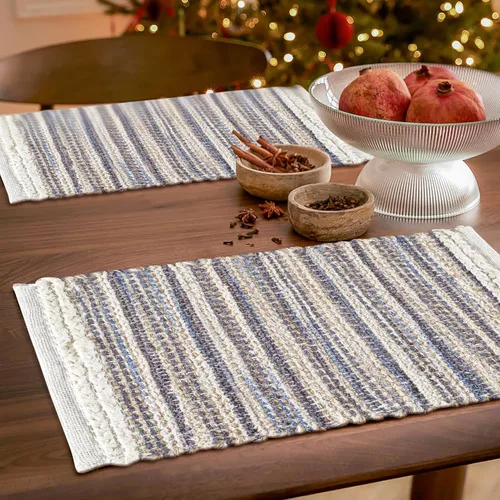 Miniatura 4 de Hausattire Juego de 4 manteles individuales tejidos - Azul, manteles individuales de yute boho rectangulares para mesa de cocina, mesa de comedor