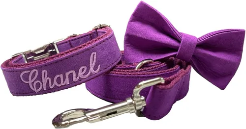 Personalized Purple Pet Dog Collar and Leash and Bowtie Set Gift, Custom Embroidered Dog Puppy Collar, Small-Medium-Large and X-Large Dogs (X-Small