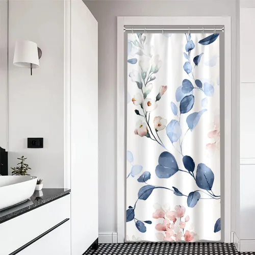 Miniatura 2 de Cortina de ducha pequeña de eucalipto azul acuarela, juego de cortinas de ducha pequeñas impermeables con diseño floral de primavera con ganchos, 36