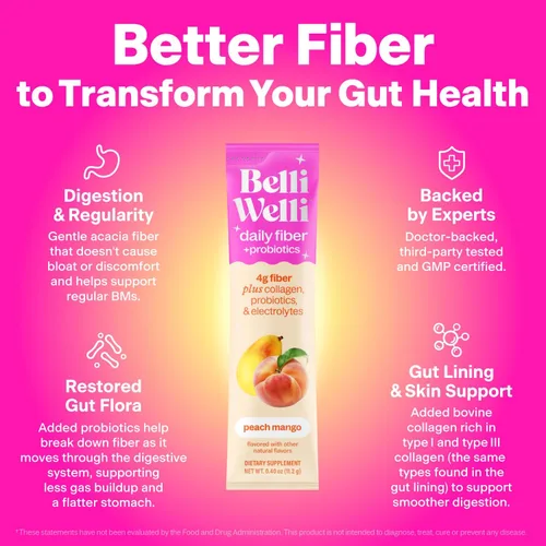 Miniatura 10 de Belli Welli Suplemento de Fibra, Polvo de Fibra con Probióticos Paquete de Viaje para Mujeres con Colágeno y Electrolitos para la Salud Intestinal