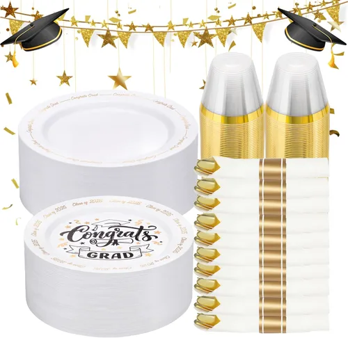 Miniatura 17 de Goodluck Juego de vajilla de plástico dorado de 350 piezas para 50 invitados, elegantes platos desechables para fiesta, incluye: 50 platos de cena