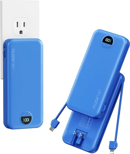 Miniatura 9 de Cargador ultraportátil de 10000 mAh con cables integrados y enchufe de pared de CA, cargador de teléfono celular de carga rápida PD20W USB-C, Púrpura
