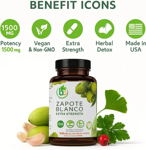 Miniatura 5 de Zapote Blanco (Blanco) 90 cápsulas (1500 mg por porción), reforzado con ajo, bayas de espino, perejil y ginkgo biloba, fórmula herbaria extra
