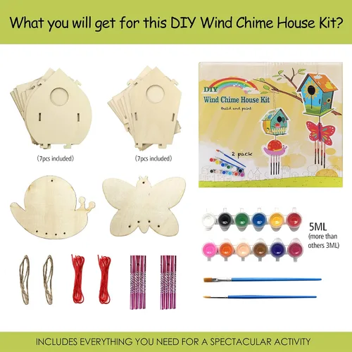 Miniatura 3 de Home Composer Paquete de 4 Kits DIY de Casa de Pájaros y Campana Eólica para Niños para Construir y Pintar, Artes y Manualidades de Madera