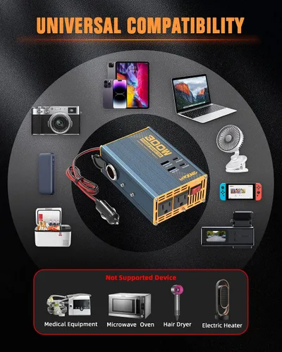 Miniatura 7 de Inversor de corriente de 300 W DC 12 V a 110 V Adaptador de CA con dos salidas de CA/2 puertos USB PD30W USB-C/2 QC18W/1 toma de encendedor