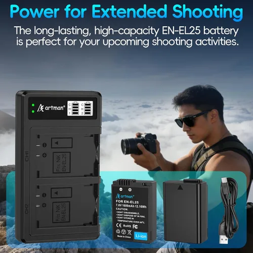 Miniatura 7 de Artman EN-EL25 EN-EL25A - Batería de 1600 mAh, paquete de 2 y cargador dual USB-C LCD compatible con Nikon Z50II, Z50, Z30, batería ZFC 4241