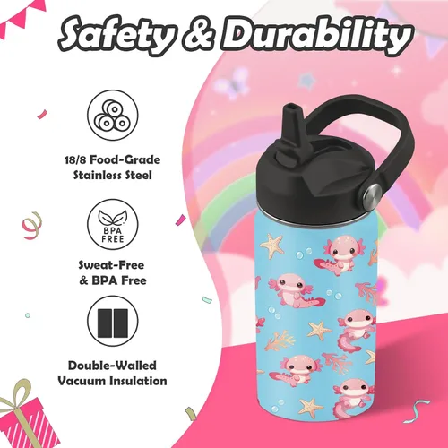 Miniatura 4 de Axolotl - Botella de agua de 12 onzas con tapa con pajilla, botella de agua de acero inoxidable con diseño de ajolotes para niñas, taza aislada