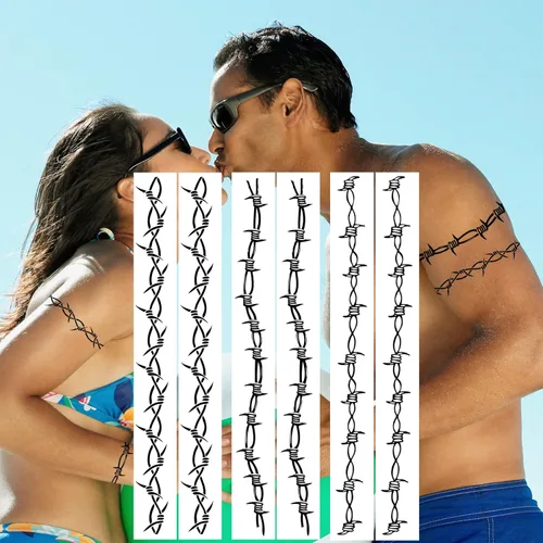 Miniatura 4 de Tatuajes de alambre de púas, 6 hojas grandes de tótem de alambre de púas, tatuajes falsos para hombres y mujeres, realistas, impermeables