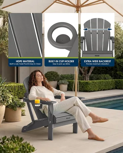 Miniatura 9 de MUCHENGHY Sillas Adirondack Plegables, Sillas de Patio, Sillas de Césped, Silla para Exteriores, Silla Adirondack de Plástico, Pozo de Fuego, Gris