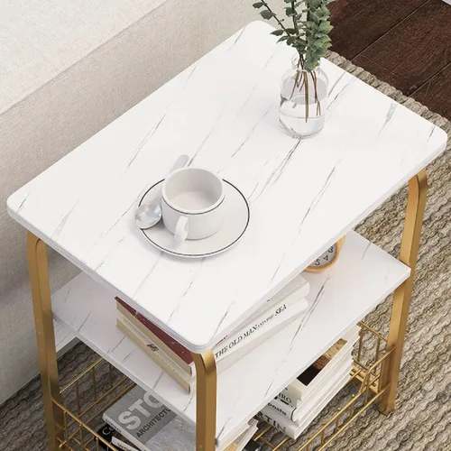 Miniatura 3 de Mesa auxiliar auxiliar de mármol blanco de 3 niveles con estante de almacenamiento, mesa de metal para aperitivos, mesa pequeña para balcón