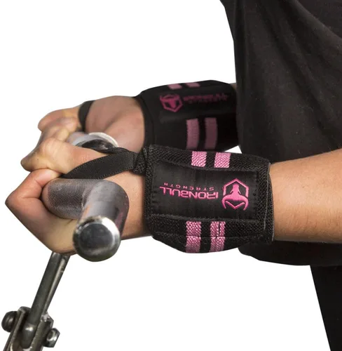 Muñequeras para Mujeres con Presillas para el Pulgar - 12" Grado Profesional - Soporte y Compresión de Muñeca para Entrenamiento Cruzado, Negro/Rosa