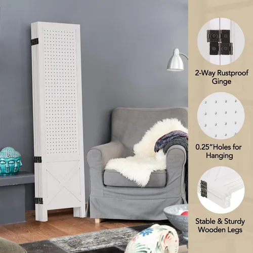 Miniatura 6 de Wnutrees Tablero de clavijas de 4 paneles, pantallas de privacidad plegables de madera de 5 pies, divisor de habitación, tablero portátil Blanco