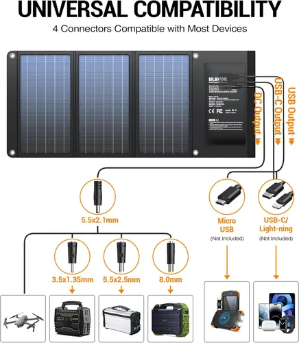 Miniatura 3 de BLAVOR Cargador solar de 30 W USB-A QC3.0 24 W USB-C DC 30 W Salidas, panel solar plegable para camping, IPX4 impermeable, cargador de batería solar