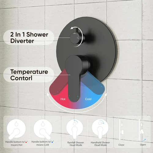 Miniatura 5 de Gabrylly Sistema de regadera negro, juego de grifo de regadera con balance de presión, cabezal de lluvia de acero inoxidable de 30.5 cm con rociador