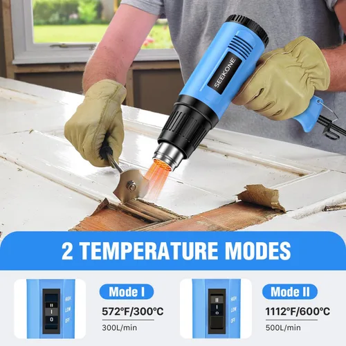 Miniatura 3 de Seekone Pistola de calor, kit de pistola de aire caliente de 1800 W de alta resistencia, configuración de temperatura dual 299℃ y 599℃, pistola