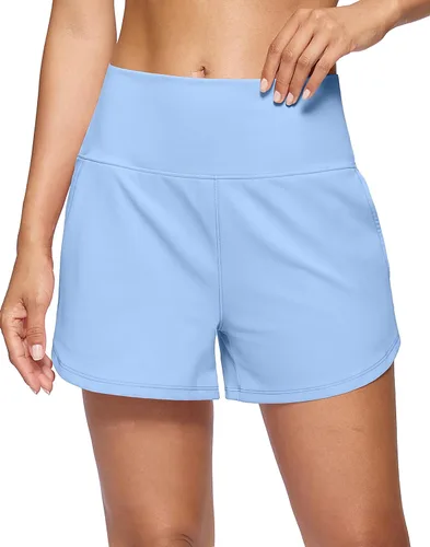 Miniatura 27 de Soothfeel Pantalones cortos deportivos de cintura alta para mujer, 3.5 pulgadas, control de abdomen, cómodos, para entrenamiento, gimnasio