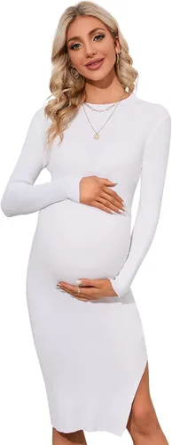 KOJOOIN Vestido de maternidad ajustado de punto acanalado para mujer manga larga abertura lateral vestido de suéter midi