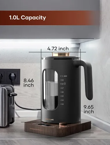 Miniatura 5 de Hervidor Eléctrico de Té, INTASTING - Hervidor Eléctrico de Vidrio con Infusor de Té y Control de Temperatura Preciso, 1200W de Calentamiento Madera