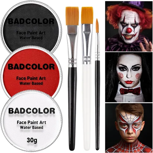 Miniatura 8 de Pintura corporal y facial negra y blanca de payaso con 3 pinceles de pintura, paleta de maquillaje SFX a base de agua para niños y adultos, pintura