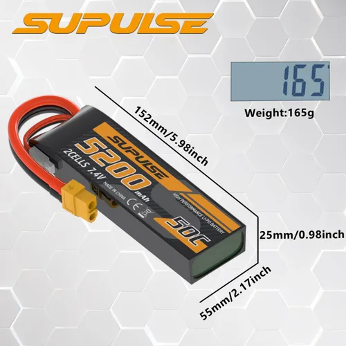 Miniatura 6 de SUPULSE Batería Lipo de 7.4 V 2S 5200mAh 50C RC Batería con enchufe XT60 para avión RC Barco RC Truck RC (2 paquetes)