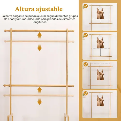 Miniatura 2 de Perchero de bambú para niños con 2 cestas de almacenamiento y 2 varillas ajustables para colgar, soporte para ropa infantil con estante, estantes