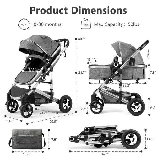 Miniatura 9 de Kinder King Cochecito de bebé convertible 2 en 1, cochecito de bebé plegable de alto paisaje, cochecito reversible para recién nacido, bolsa de Gris