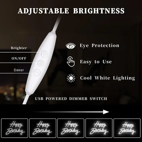 Miniatura 4 de Letrero de neón de feliz cumpleaños, luz de neón blanca de cumpleaños de 16.5 x 9.8 pulgadas para decoración de pared, alimentada por USB