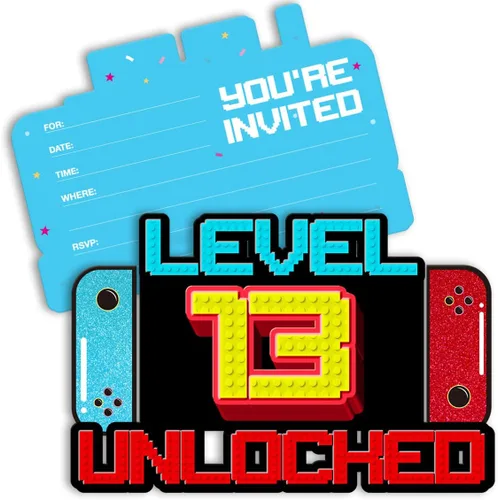 Miniatura 5 de Invitaciones de cumpleaños de videojuegos para niños de 7 años, invitaciones de cumpleaños para niños con purpurina, invitaciones de fiesta