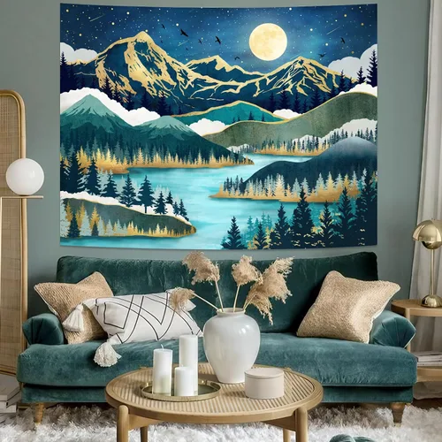 Miniatura 9 de Neasow Tapiz de luna de montaña, bosque natural, árbol, lago, paisaje, estrellas, noche estrellada, decoración de pared azul azulado para el hogar