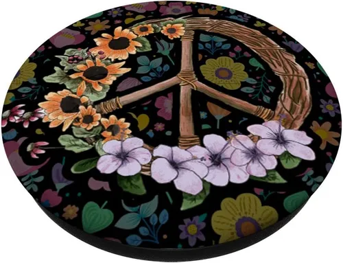 Miniatura 2 de Letrero de la paz de flores vintage – Retro de los 70 hippies Art Gift – PopSockets Grip y soporte para teléfonos y tabletas, Negro
