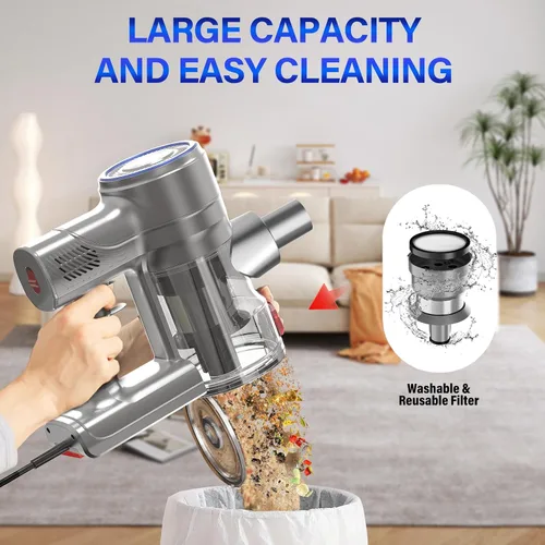 Miniatura 7 de Aspiradora de palo con cable, potente aspiradora de palo de 25 Kpa, aspiradora 2 en 1, taza de polvo de 1.2 L, aspiradora de mano con cable