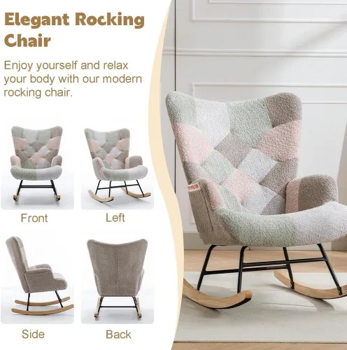 Miniatura 6 de Silla mecedora tapizada estilo oso de peluche para cuarto de bebé, con respaldo alto, silla lateral cómoda para sala de estar, dormitorio, oficinas